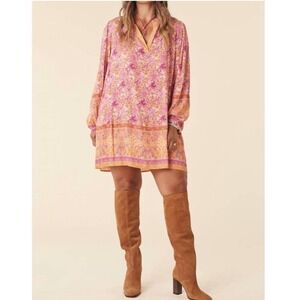 Spell Village Tunic Dress in Sunrise Sz L Boho Floral Long Sleeve Pink Orange